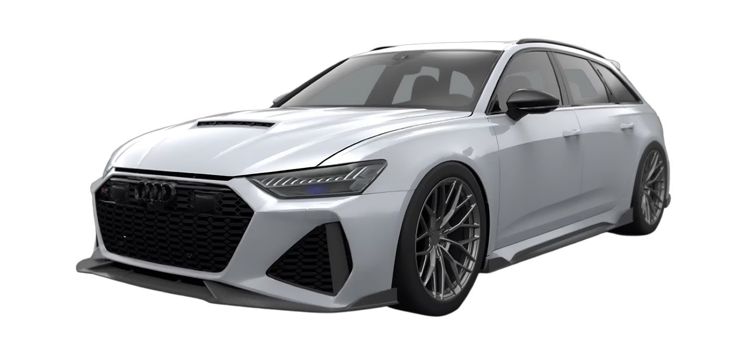 Render of a silver Audi RS6 Avant with carbon front lip