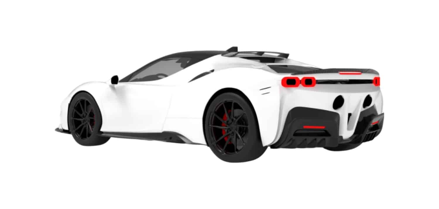 Render of a white Ferrari SF90 rear three-quarter with carbon trunk spoiler