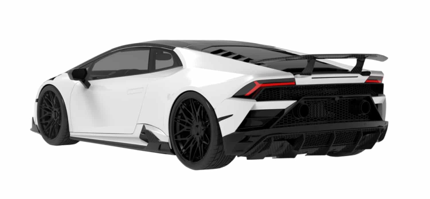 White Lamborghini Huracan Evo rear three-quarter with V1 tall rear wing, render