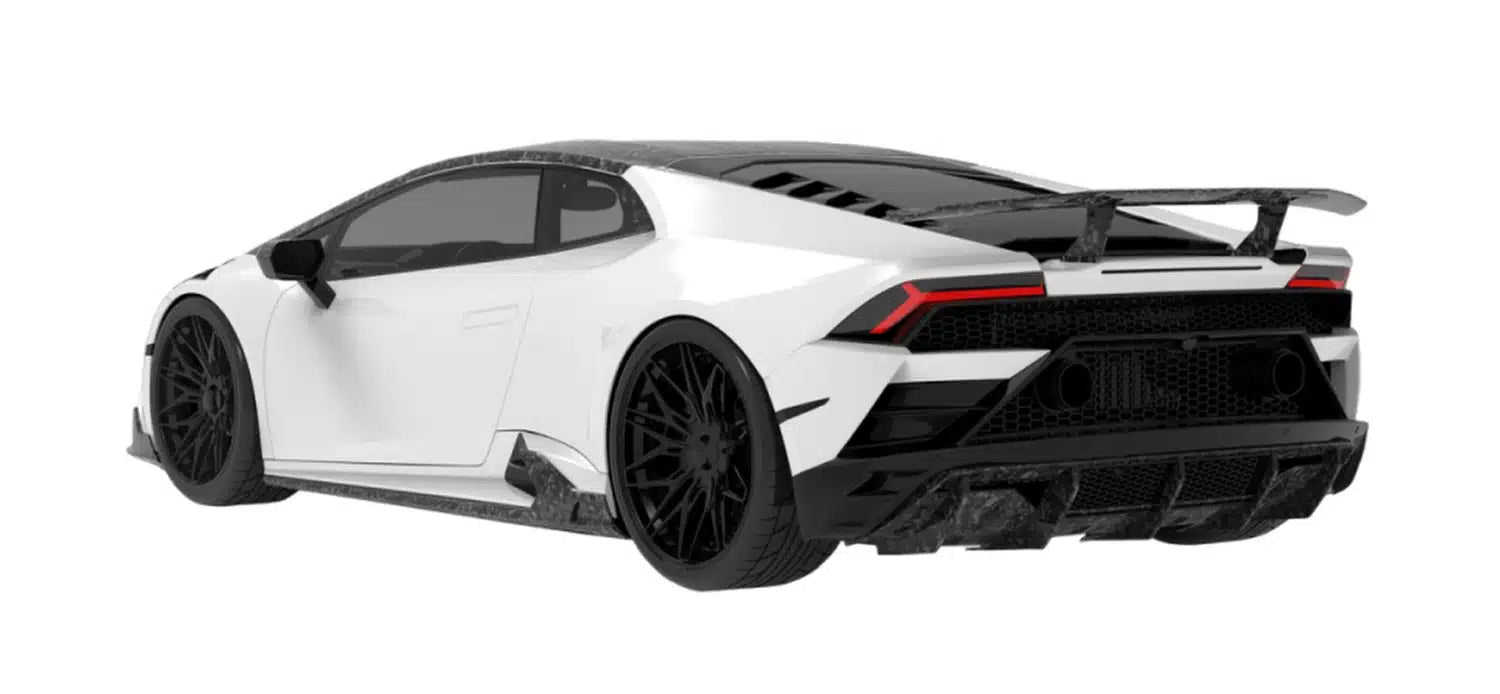 White Lamborghini Huracan Evo rear three-quarter with V1 tall rear wing, alternate render