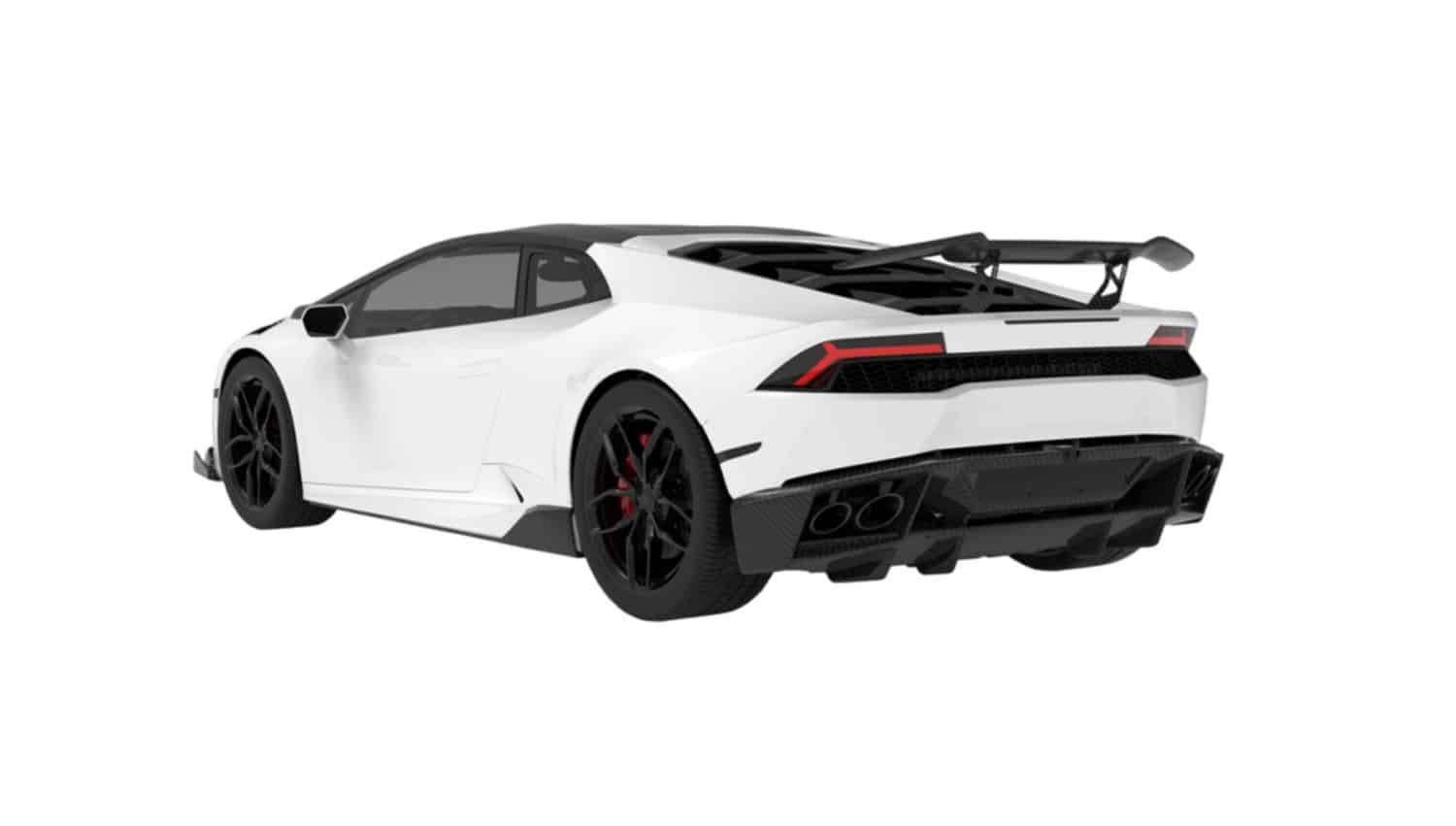 Render of a white Huracan LP610 rear three-quarter with carbon rear diffuser