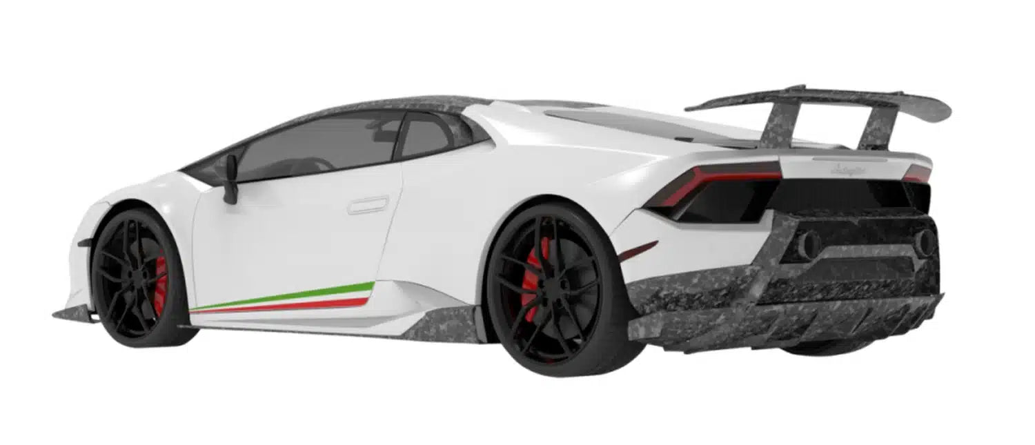 Render of a white Huracan Performante with forged carbon rear diffuser, side view