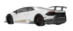 Render of a white Huracan Performante with forged carbon rear diffuser, side view