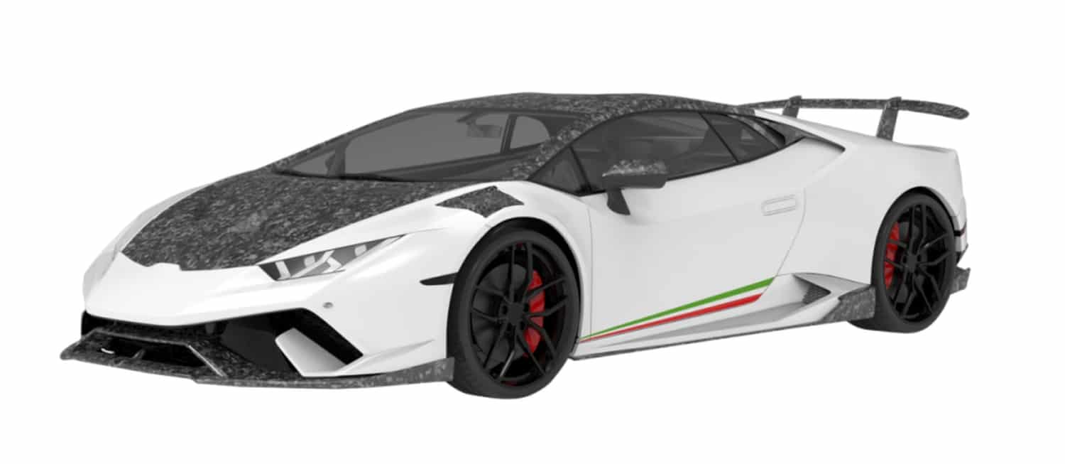 Render of a white Huracan Performante with forged carbon mirror caps, roof and hood