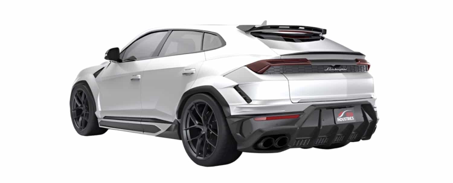 White Lamborghini Urus SE rear three-quarter with carbon roof spoiler