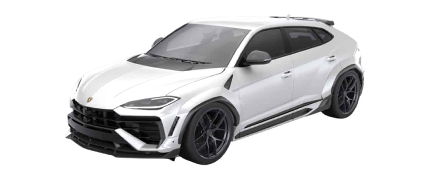 Render of a white Lamborghini Urus SE with side skirt extensions