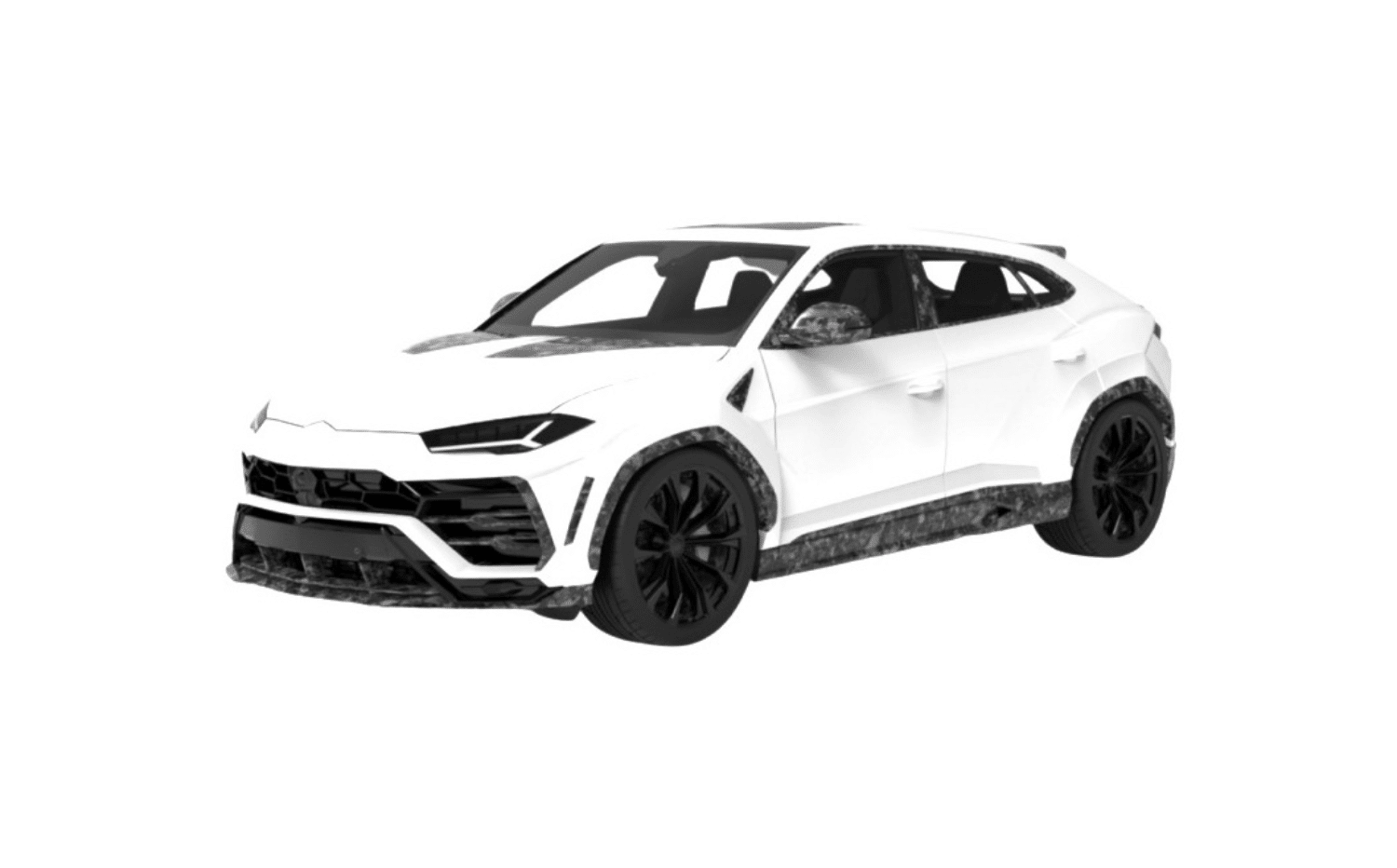 Render of a white Urus with carbon mirror caps and side skirts