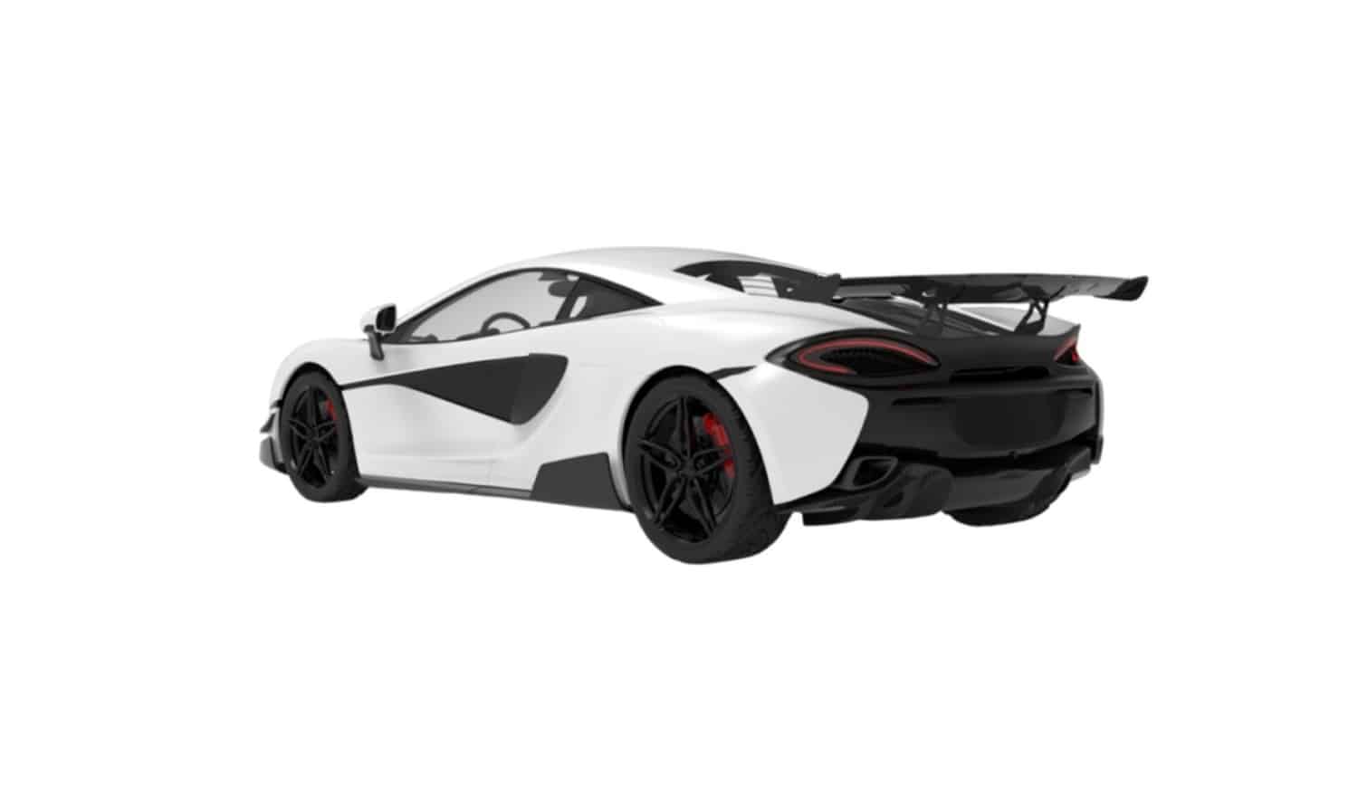 Render of a white McLaren 570S rear three-quarter with carbon diffuser