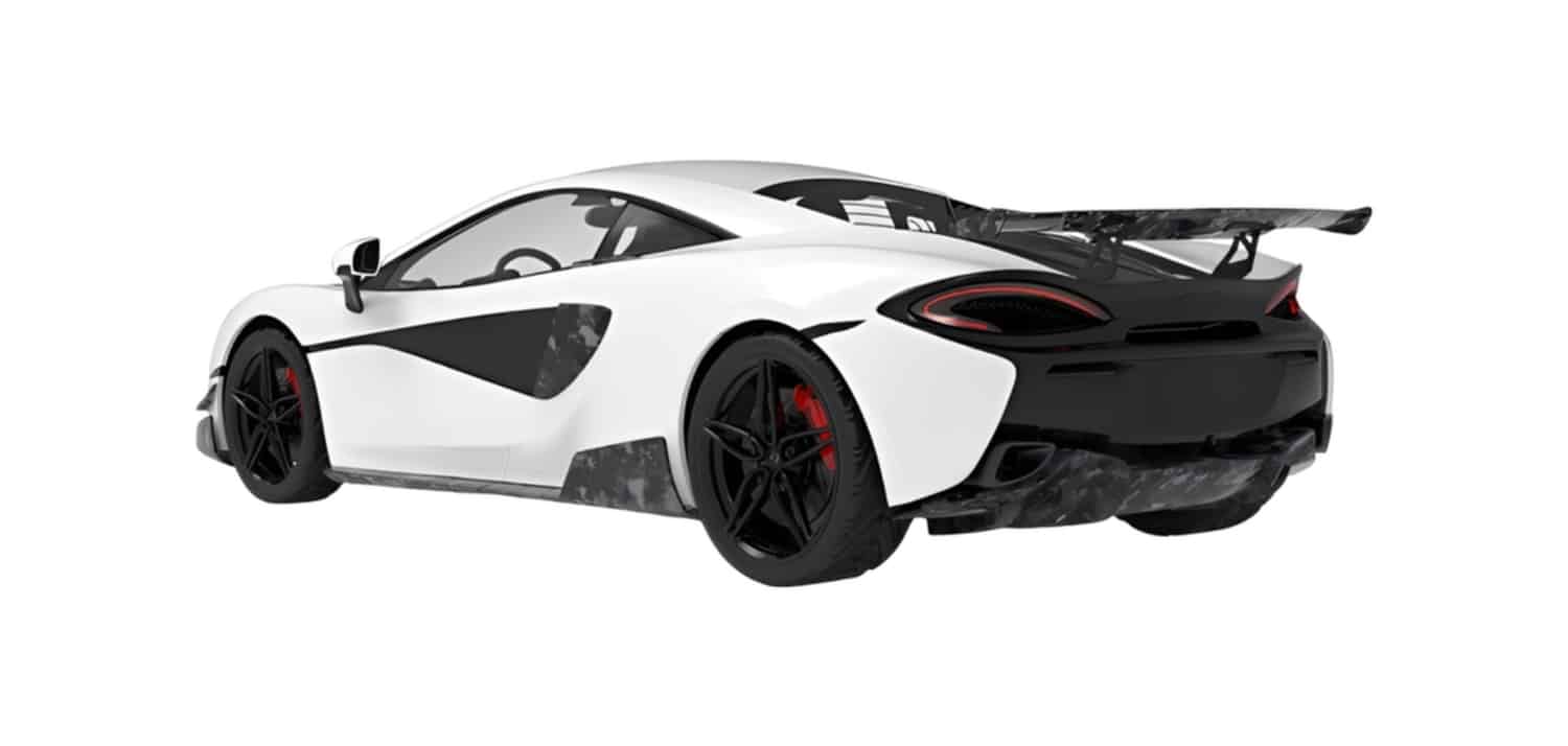 Render of a white McLaren 570S rear with carbon diffuser and wing