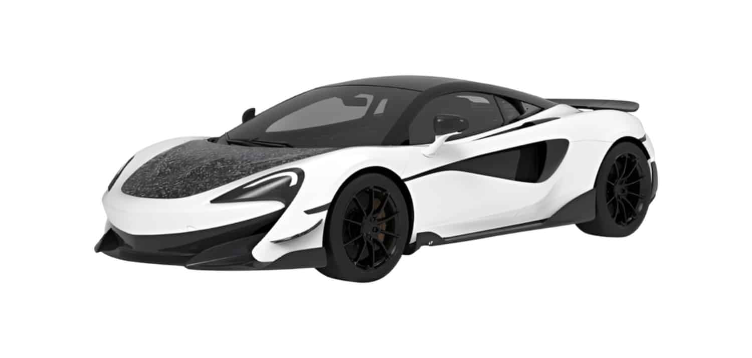 Render of a white McLaren 600LT with forged carbon dive canards
