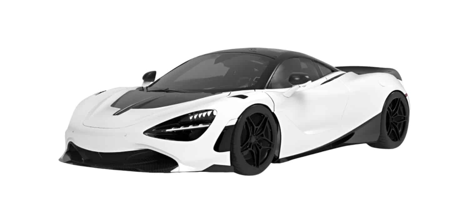 Render of a white McLaren 720S with forged carbon front lip