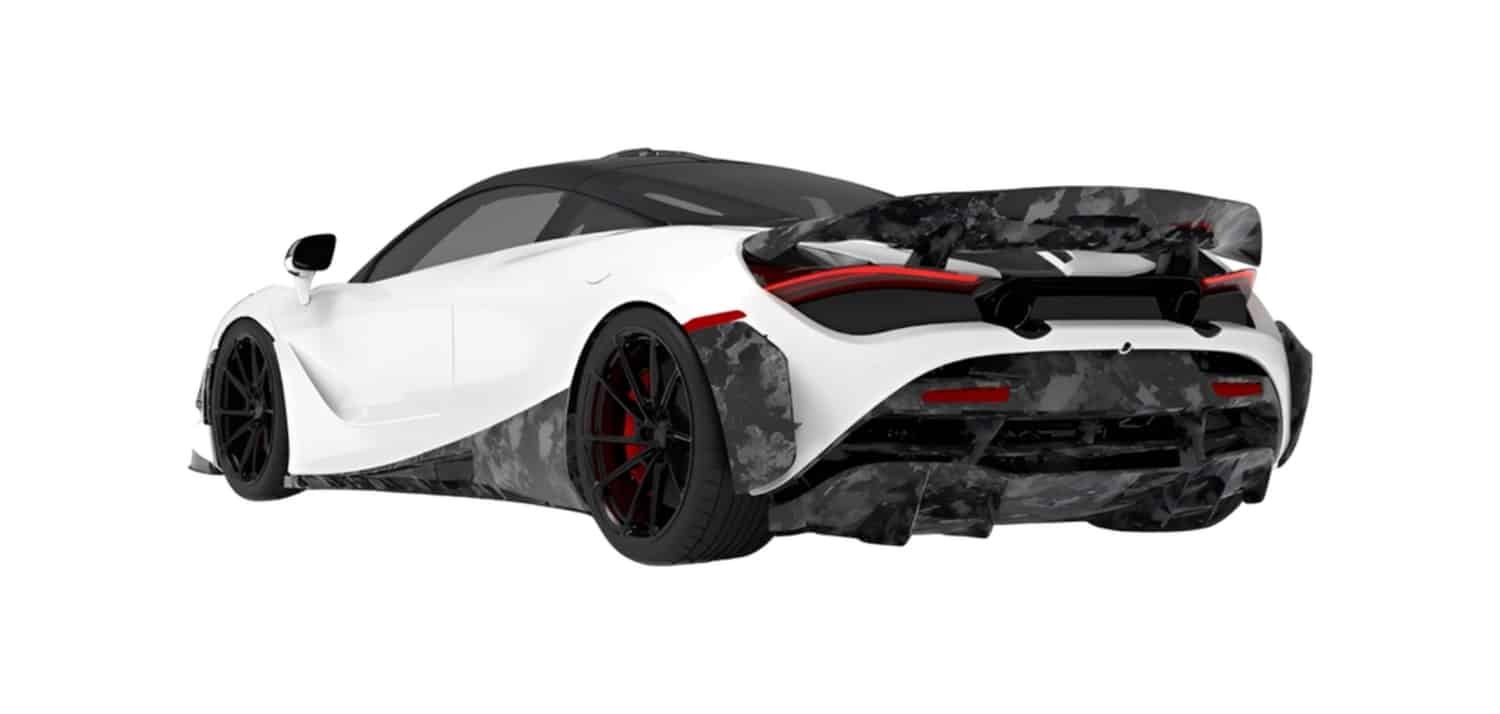 Render of a white McLaren 720S rear three-quarter with carbon rear diffuser