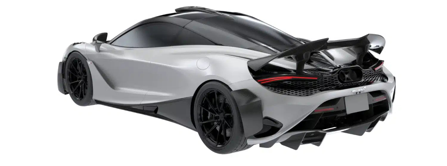 Render of a white McLaren 750S rear three-quarter with carbon rear diffuser