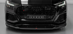 A front close up view of Urban Automotive Carbon Fiber Front Splitter Audi RSQ8 2020+ fitted on a black car