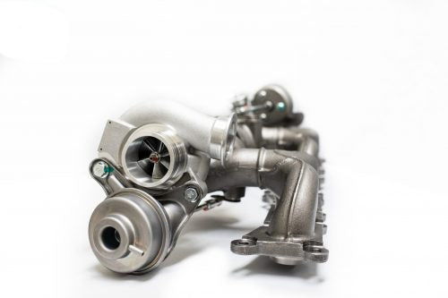 An overview of BMW N54 PURE600 Upgrade Turbos with a white background