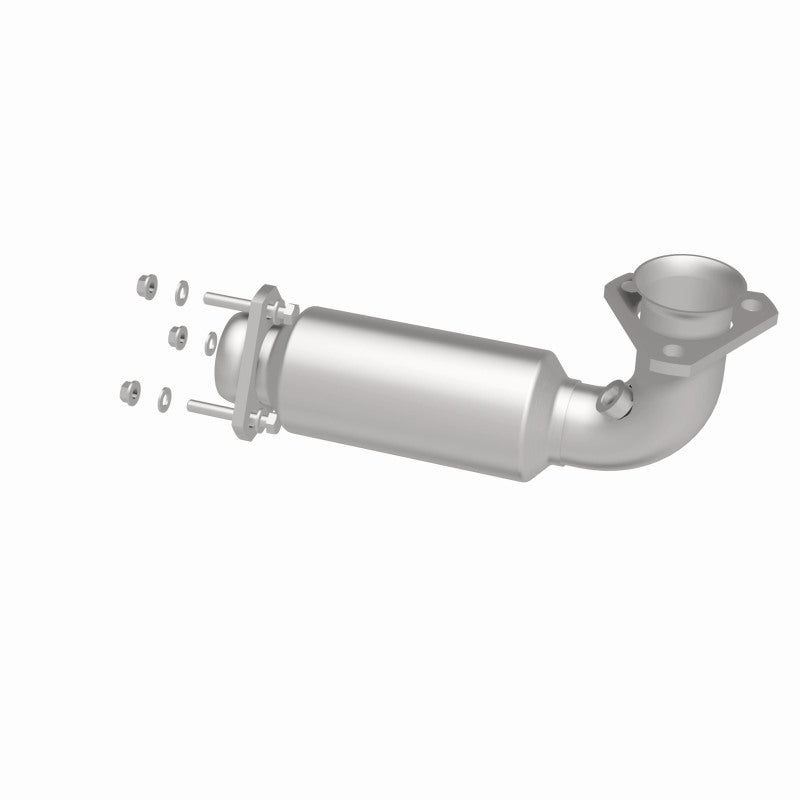 MagnaFlow 4481409 carb direct-fit catalytic converter, opposite rear three-quarter view of the turntable spin