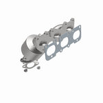 MagnaFlow 5582202 carb manifold converter, front three-quarter view of the turntable spin