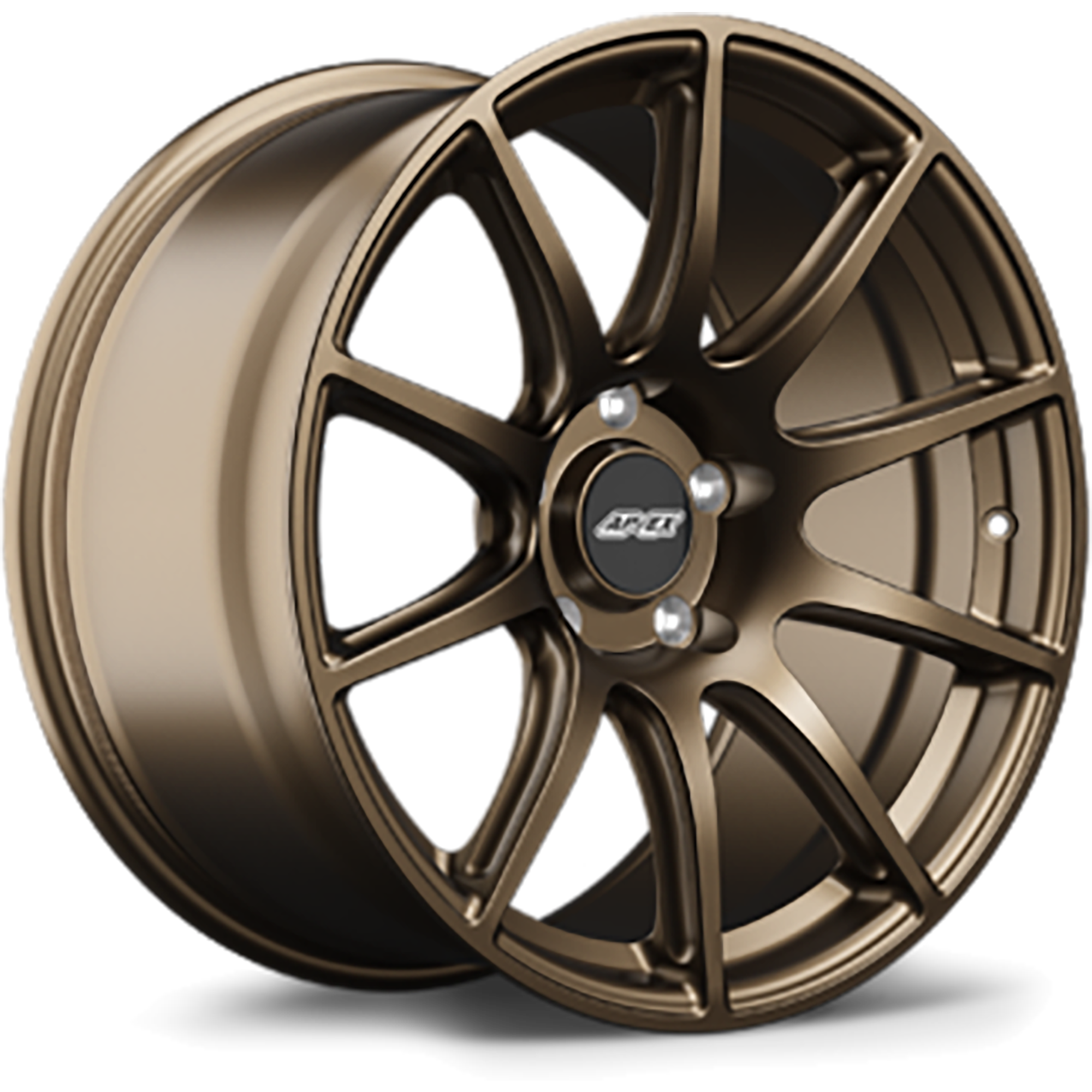 Bronze finish alloy wheel with ten-spoke design and center cap, shown at three-quarter angle on white background - APEX Wheels wheel for 18x10 ET36 5x130 - Satin Bronze