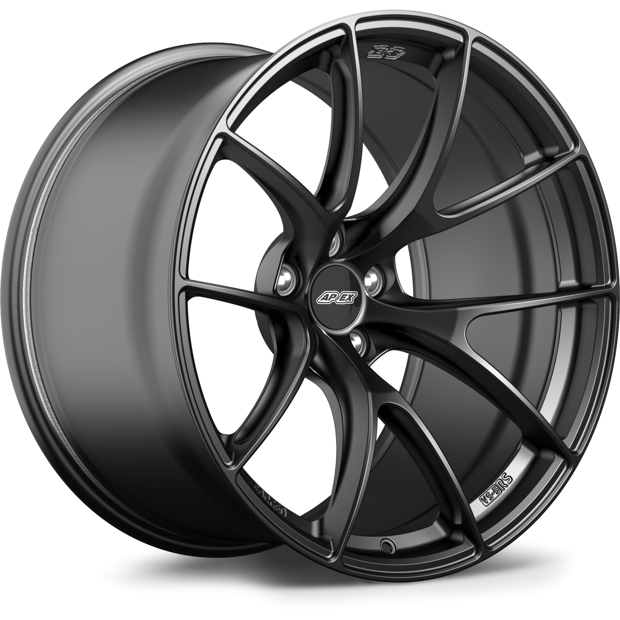Dark gunmetal aluminum alloy wheel with five-spoke design featuring curved spokes and center cap on white background - APEX Wheels wheel for 20x11.5 ET3 5x115 - Satin Black