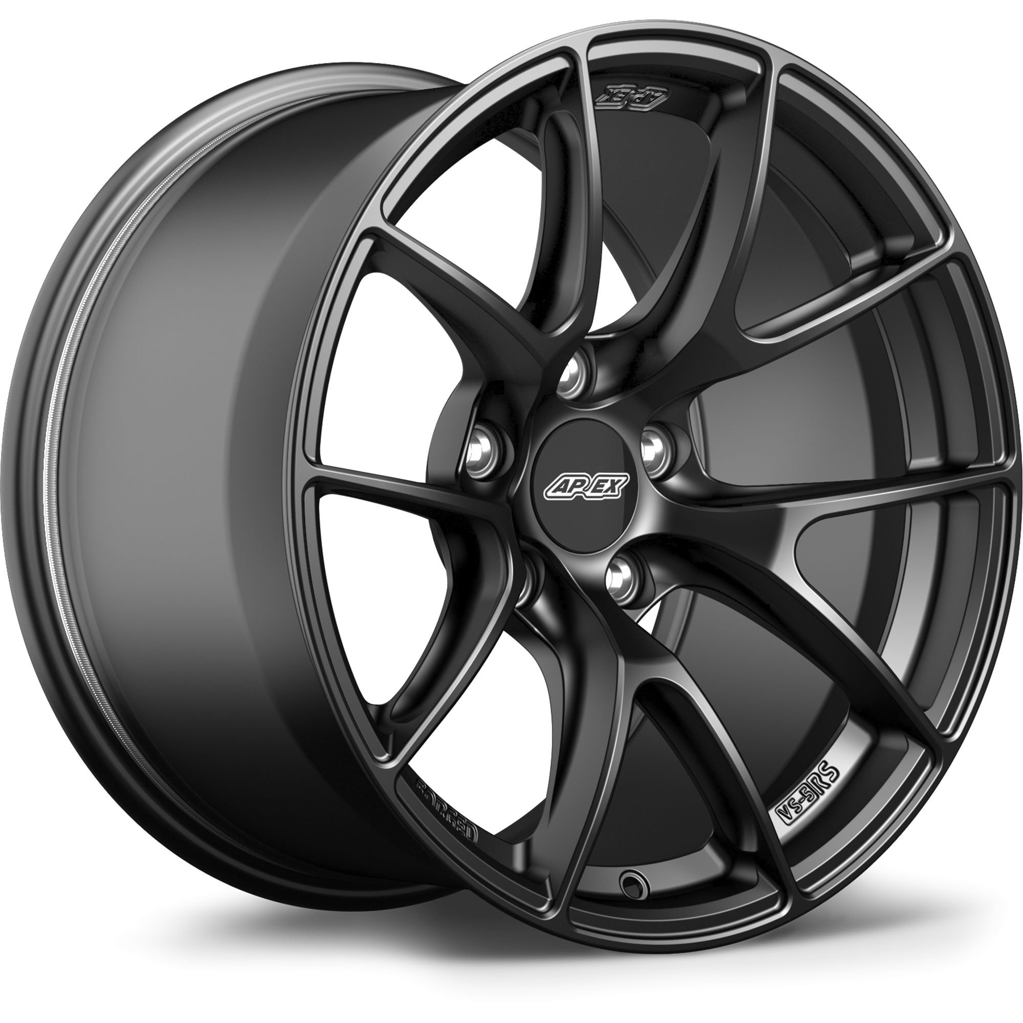Dark gunmetal alloy wheel with five-spoke design and center cap, shown at an angle on clean white background - APEX Wheels wheel for 20x9.5 ET44 PSCL - Satin Black