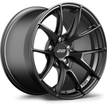 Dark gunmetal alloy wheel with five-spoke design and center cap, shown at an angle on clean white background - APEX Wheels wheel for 20x9.5 ET44 PSCL - Satin Black