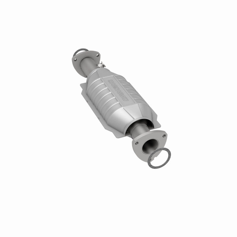 MagnaFlow 4481499 carb direct-fit catalytic converter, rear three-quarter view of the turntable spin
