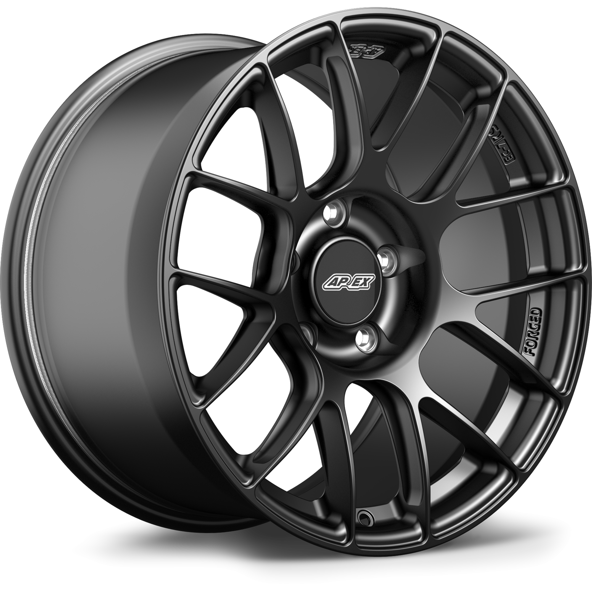 Black forged aluminum wheel with multi-spoke design and five-bolt pattern on white background - APEX Wheels wheel for 18x10 ET36 5x130 - Satin Black