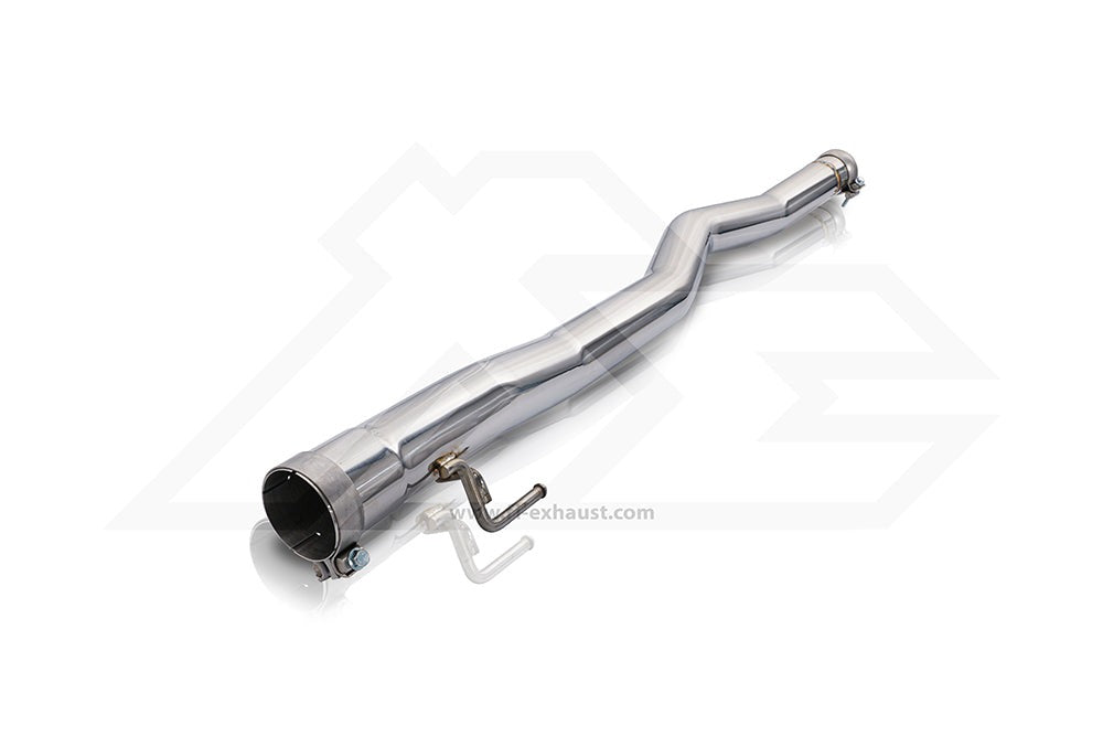 A front view of Fi EXHAUST Valvetronic Cat-Back System for Mercedes-Benz C118 / X118 AMG CLA35 2019+ downpipe with white background