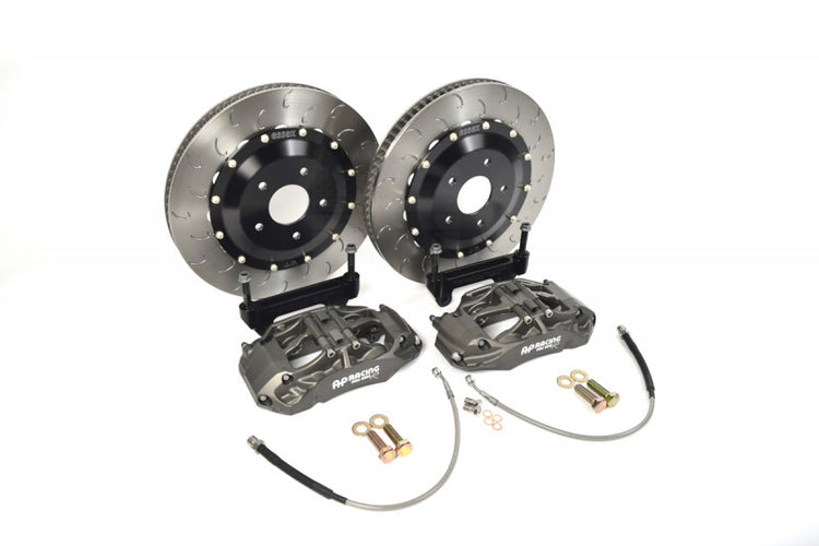 A front view of AP Racing by Essex Radi-CAL Competition Brake Kit (Front CP9660/372mm) - Subaru WRX and STI with a white background