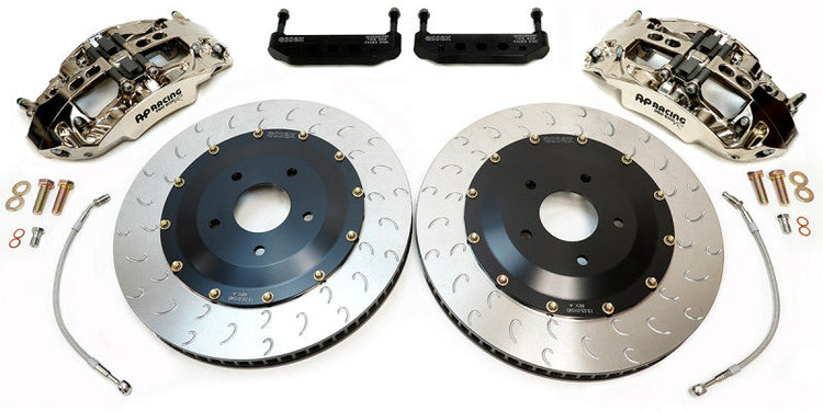 A top view of the AP Racing by Essex Radi-CAL ENP Competition Brake Kit (Front CP9669/394mm)- Porsche 991 GT3/3RS/2RS, Cayman 718 GT4 RS with a white background
