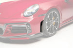 A front close up view of TECHART Front Air Outlet Grilles Porsche 992 Carrera / Targa / Turbo fitted on a red Porsche with the grilles highlighted
