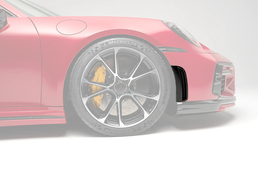 A side close up view of TECHART Front Air Outlet Grilles Porsche 992 Carrera / Targa / Turbo fitted on a red Porsche with the grilles highlighted