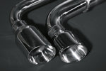 Close-up of Capristo polished round stainless tips on the Ferrari F430 valved exhaust