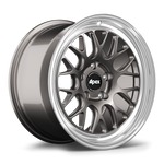 Two alloy wheels with multi-spoke design, dark gunmetal centers and polished silver outer lips on white background - APEX Wheels wheel for 17x9 ET30 5x120 - Anthracite - Machined Lip