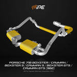 IPE stainless steel cat-back exhaust with gold-wrapped mufflers for the Porsche 718 Boxster and Cayman 982