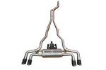 BMW G30 530i Valvetronic exhaust: stainless valved cat-back on white with dual black tips
