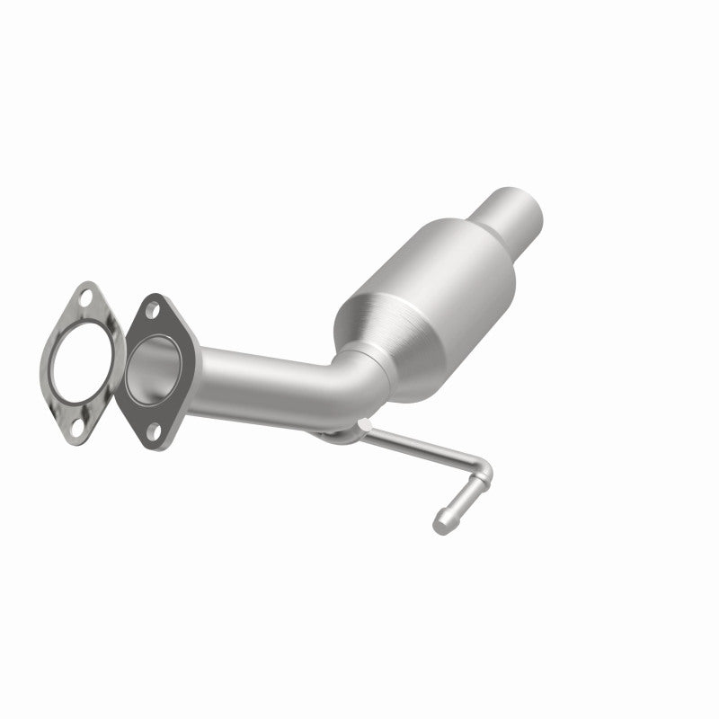 MagnaFlow 557966 carb direct-fit catalytic converter, opposite front three-quarter view of the turntable spin