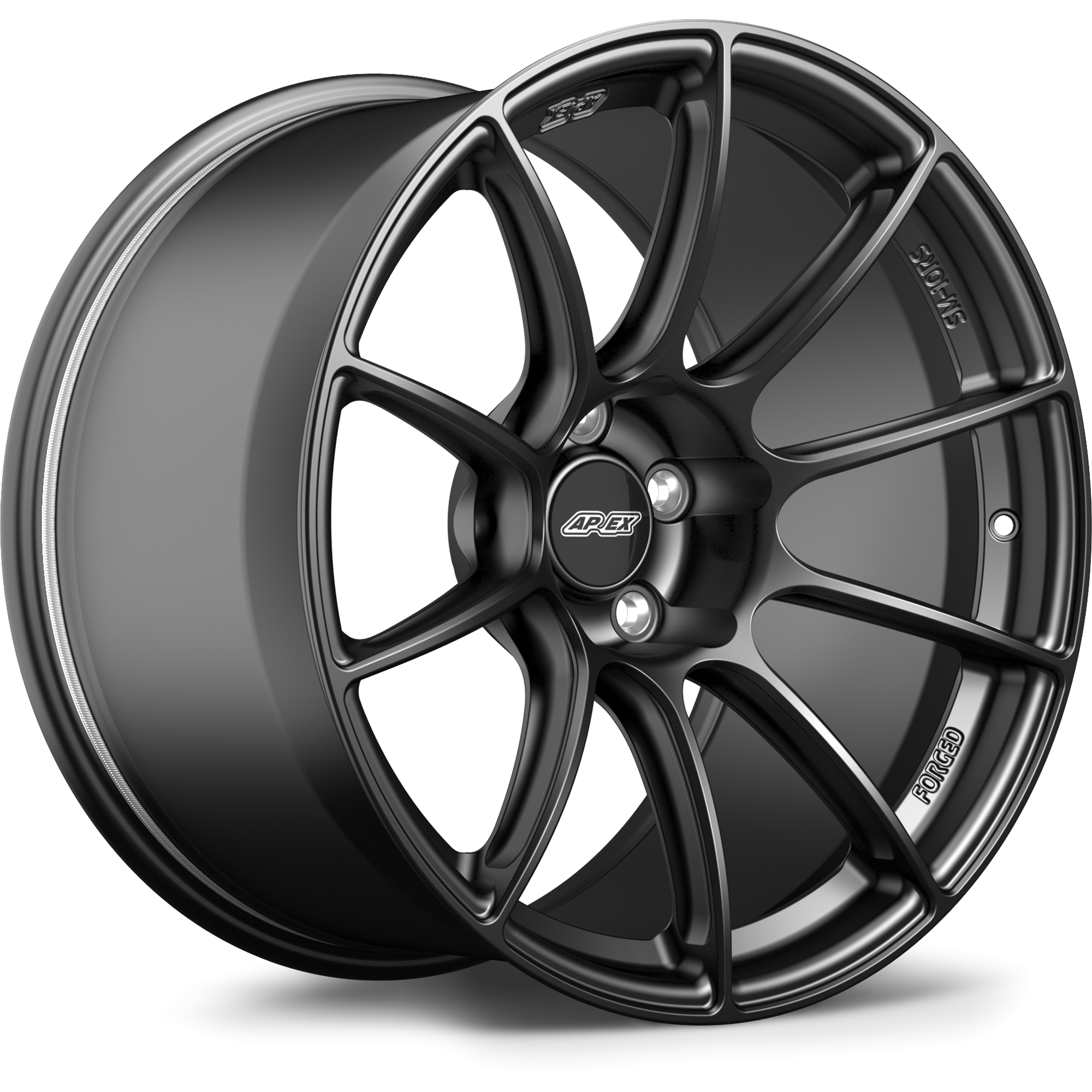 Dark gunmetal alloy wheel with multi-spoke design showing front face and barrel profile on white background - APEX Wheels wheel for 19x11 ET9 5x120 - Satin Black
