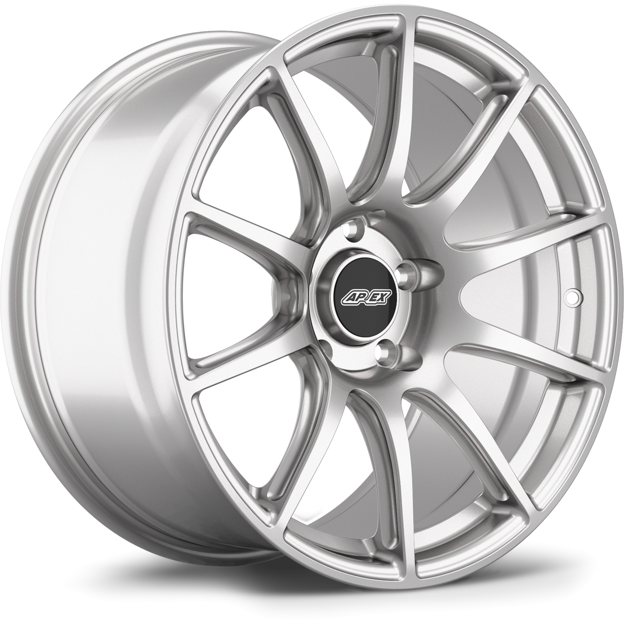 Silver alloy wheel with multi-spoke design and center cap, shown at angle on white background - APEX Wheels wheel for 18x10.5 ET44 5x130 - Race Silver