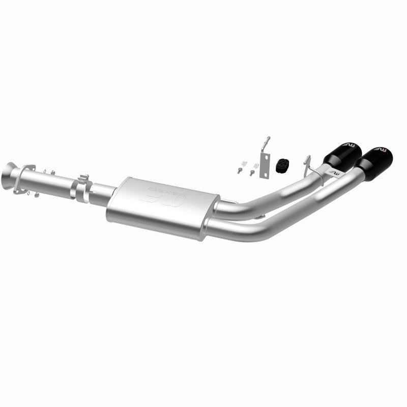 MagnaFlow 19835 speq series cat-back exhaust, opposite rear three-quarter view of the turntable spin
