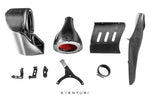 Complete carbon fiber intake system components with red filter element and black metal mounting brackets displayed - Eventuri intake for Audi B9 RS5