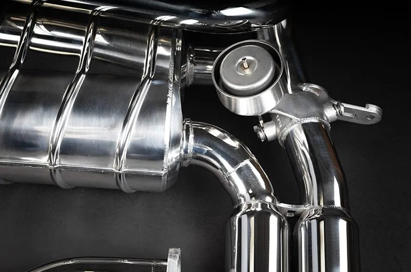 Close-up of a Capristo valve and muffler on Ferrari 328 exhaust