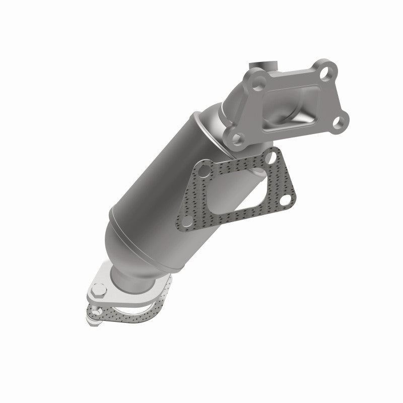 MagnaFlow 23-277 oem grade direct-fit catalytic converter, opposite front three-quarter view of the turntable spin
