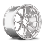 Silver alloy wheel with Y-spoke design and curved spokes, shown at three-quarter angle on white background - APEX Wheels wheel for 18x10 ET36 5x130 - Race Silver