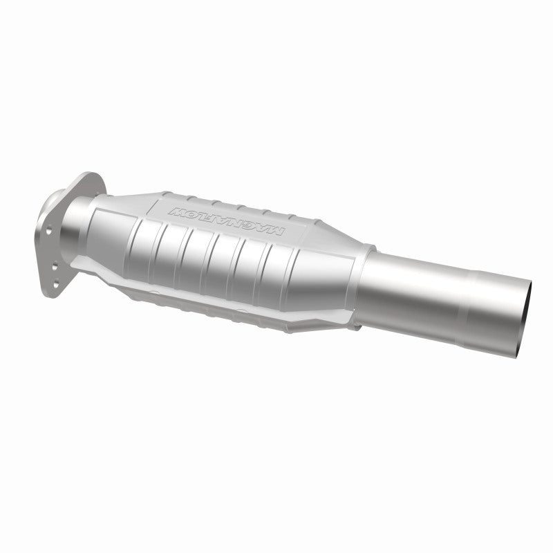 MagnaFlow 3322441 carb direct-fit catalytic converter, opposite rear three-quarter view of the turntable spin