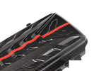 Black carbon fiber engine cover with red stripe accent and aerodynamic vents on white background - Eventuri engine cover for Chevrolet Corvette
