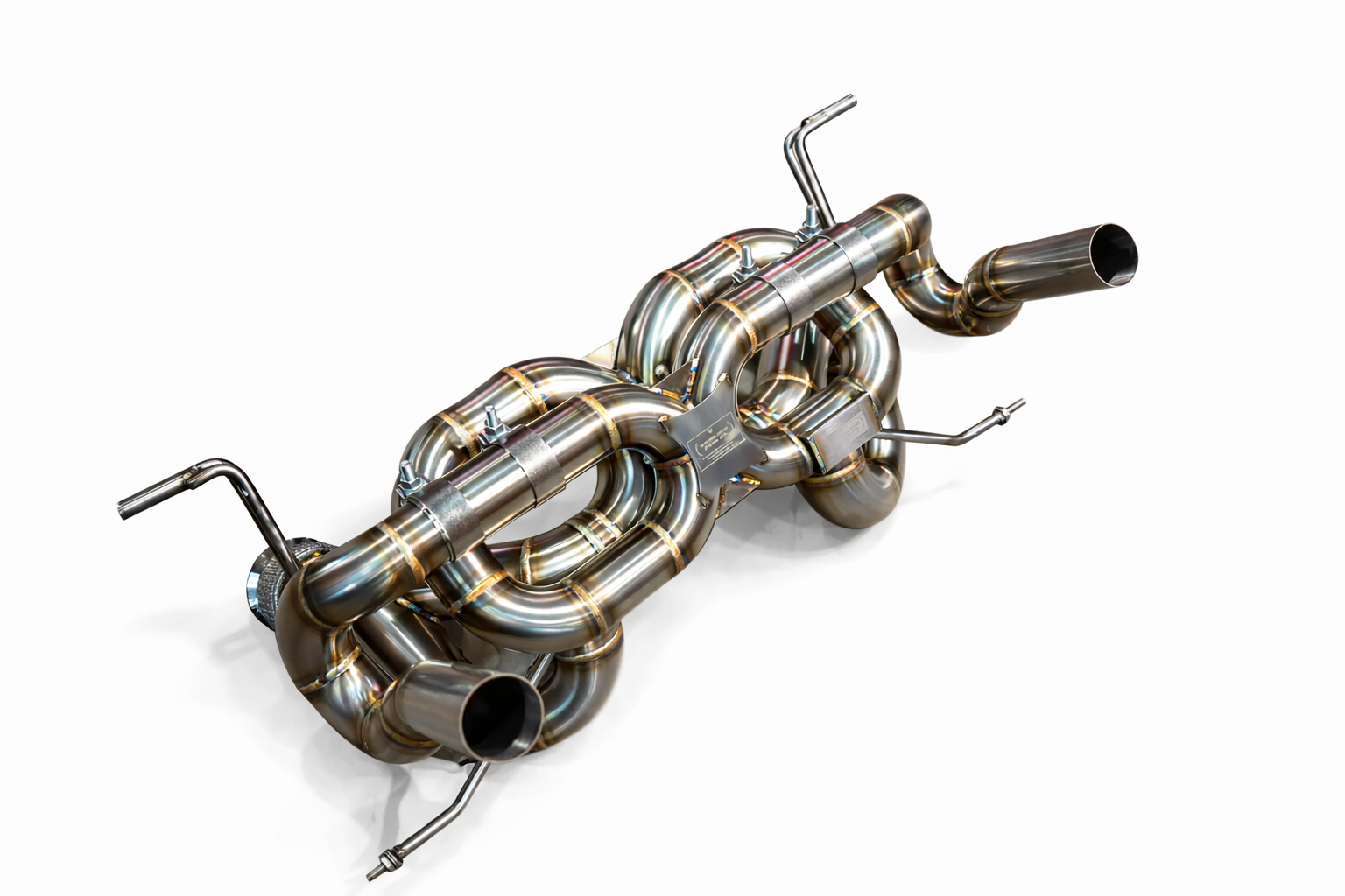 Lamborghini Huracan STO Valvetronic exhaust: stainless F1 exhaust on white with looped pipes and outlets