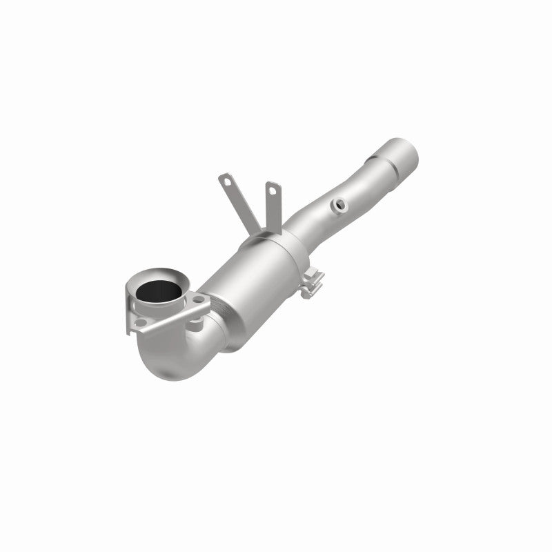 MagnaFlow 4481408 carb direct-fit catalytic converter, opposite front three-quarter view of the turntable spin