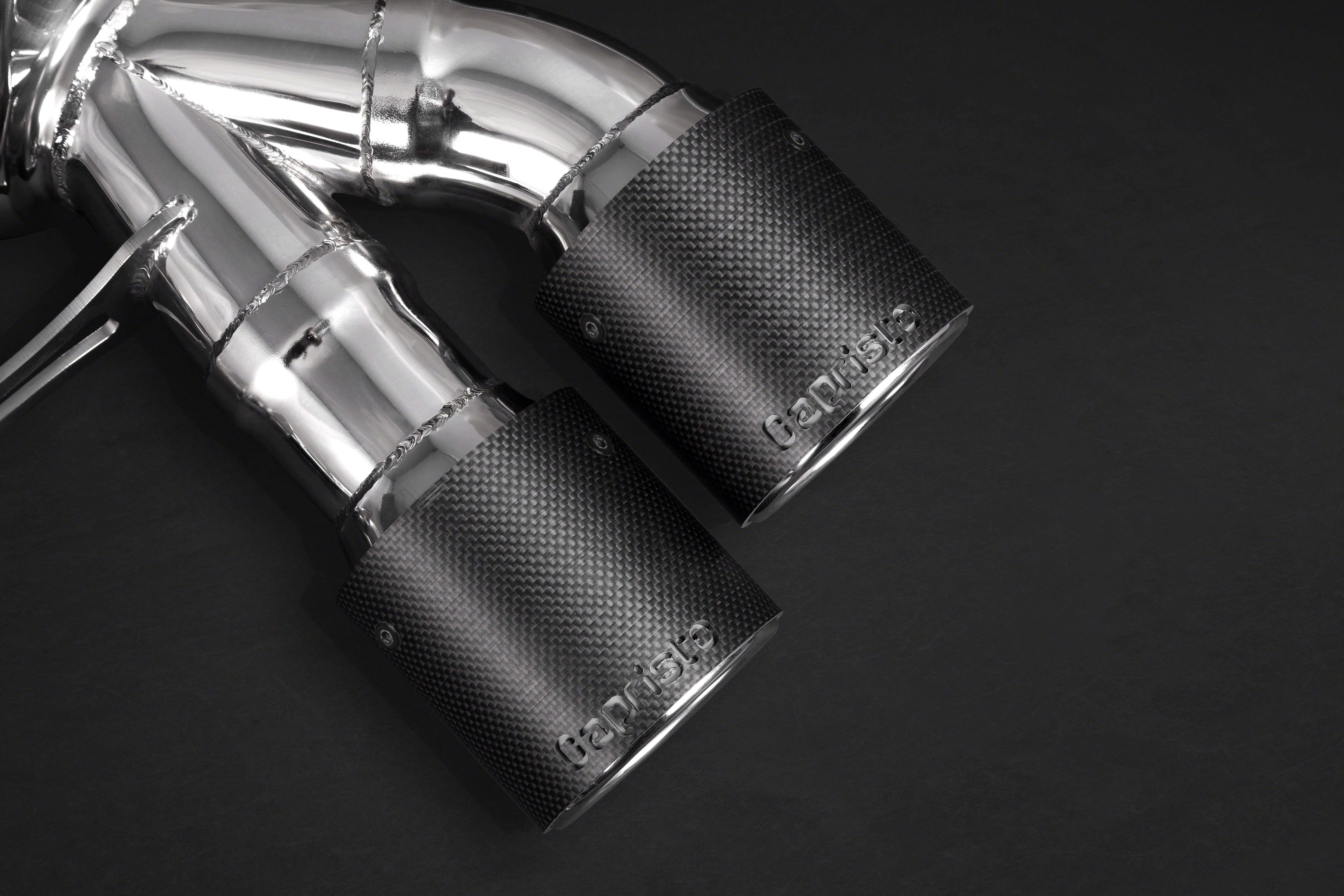 Close-up of Capristo carbon fiber tips with logo on the BMW M6 valved exhaust