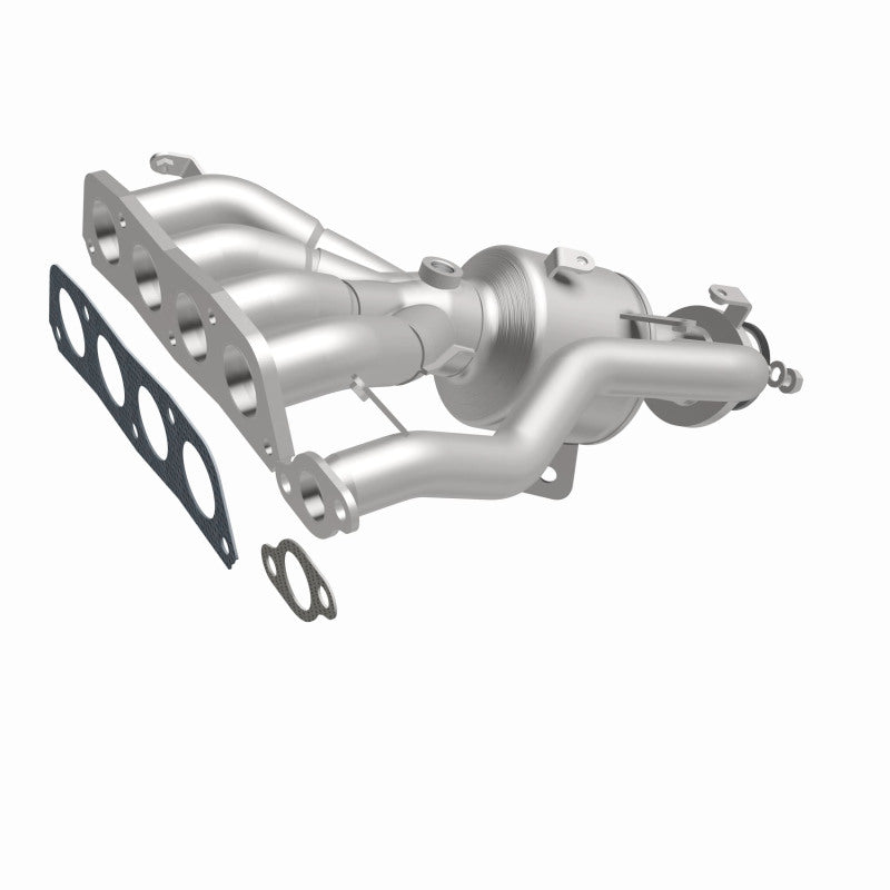 MagnaFlow 22-258 oem grade manifold converter, front three-quarter view of the turntable spin